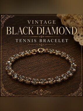 Vintage Smoky Gray Rhinestone Tennis Bracelet Gold Tone Black Diamond
